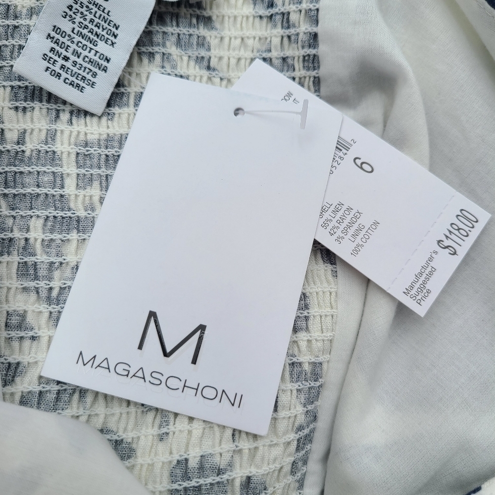 NWT Magaschoni Linen Blend Floral Dress Blue White Costal Vacation Size Small - Picture 11 of 12